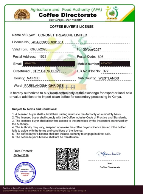 AFA Coffee Directorate coffee buyer's licence for Coronet Treasure Limited
